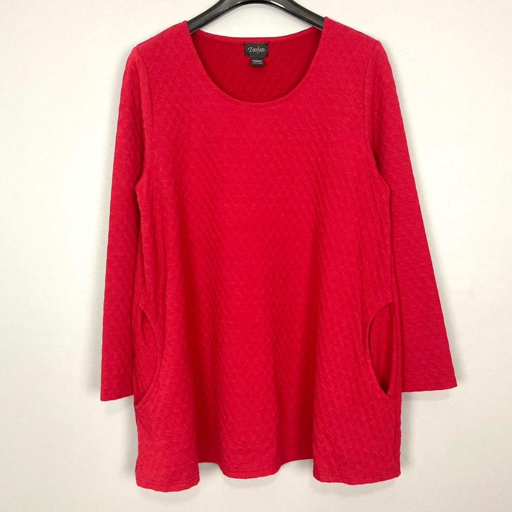 Toofan Textured Knit Tunic Top Women’s Size L Pockets Lagenlook Stretch Boho Red